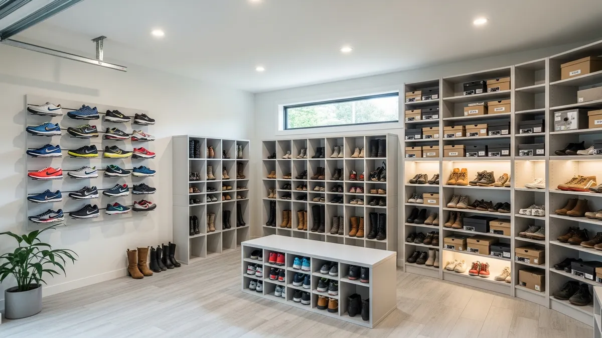 Creative garage shoe storage ideas with organized wall-mounted racks and shelving systems