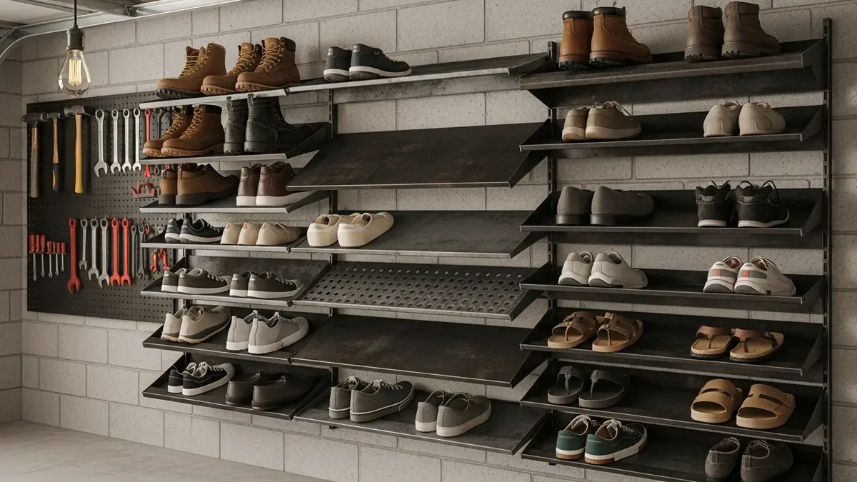 Wall-mounted shoe storage ideas for garage organization with multiple shelving levels