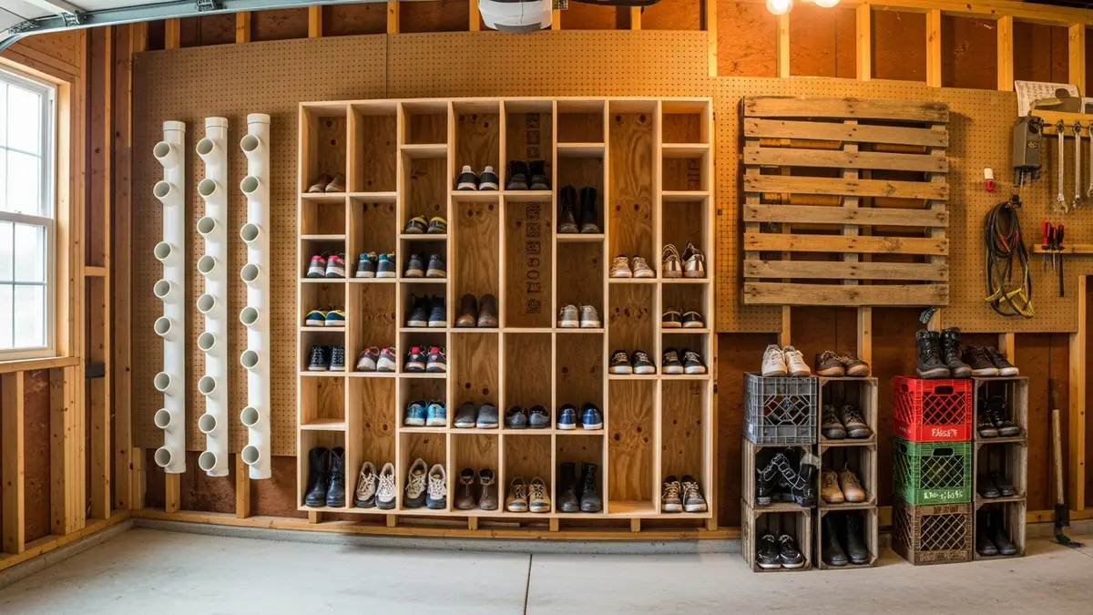 DIY garage shoe storage solutions using creative materials and budget-friendly options