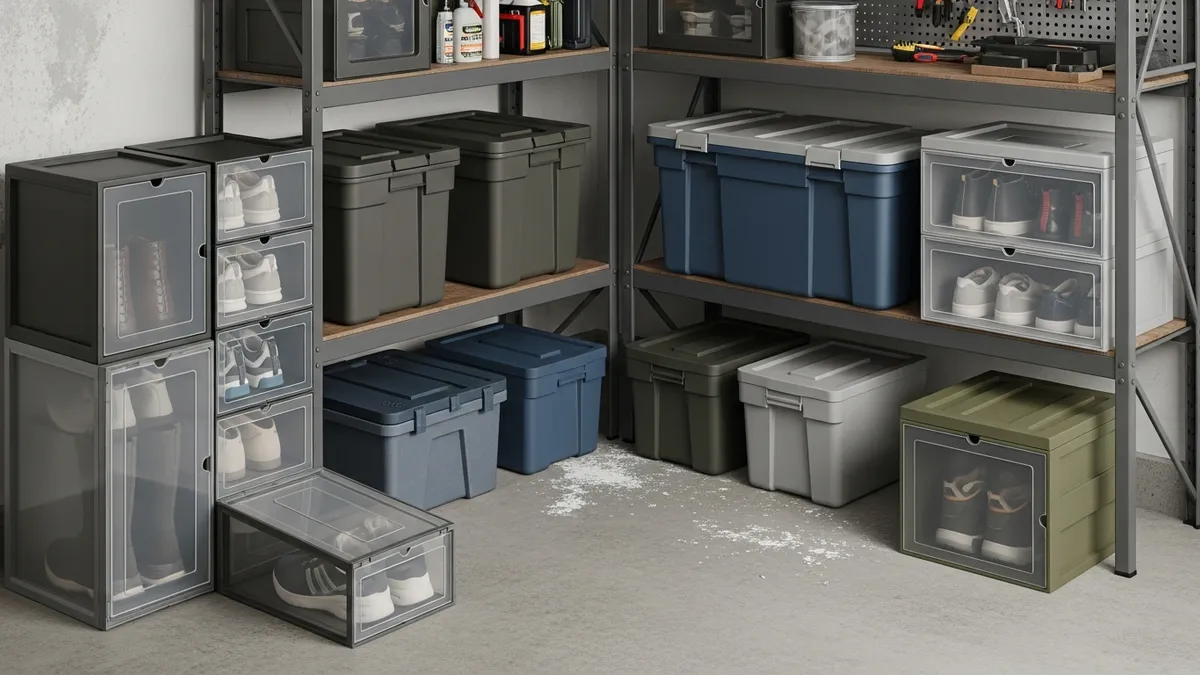 Weatherproof shoe storage containers for garage protection from moisture and dust