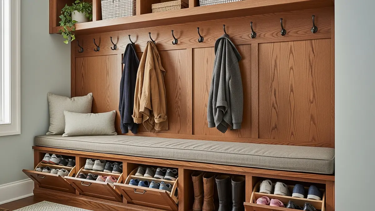 Mudroom bench with hidden shoe storage compartments for organized entryway