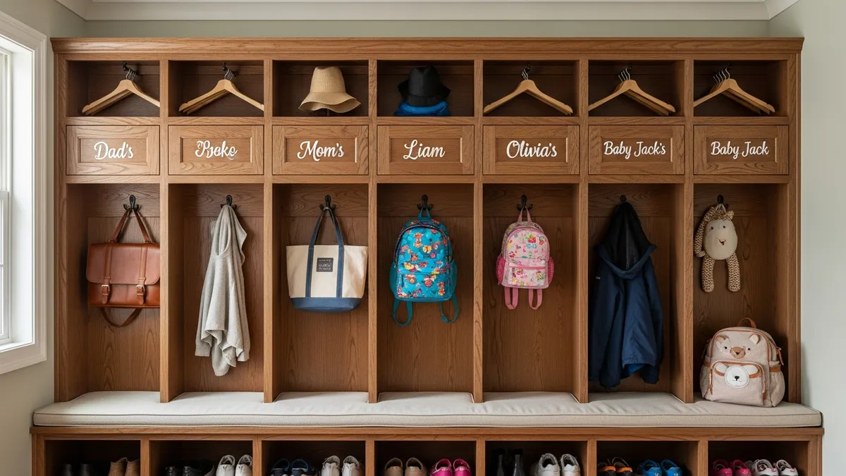 Built-in mudroom cubby system with individual shoe storage compartments for each family member