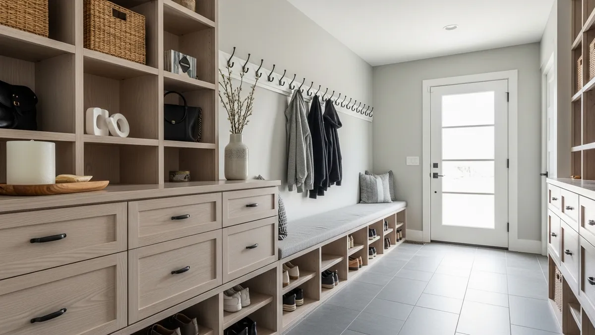 Modern mudroom with creative shoe storage ideas featuring built-in cubbies and bench seating