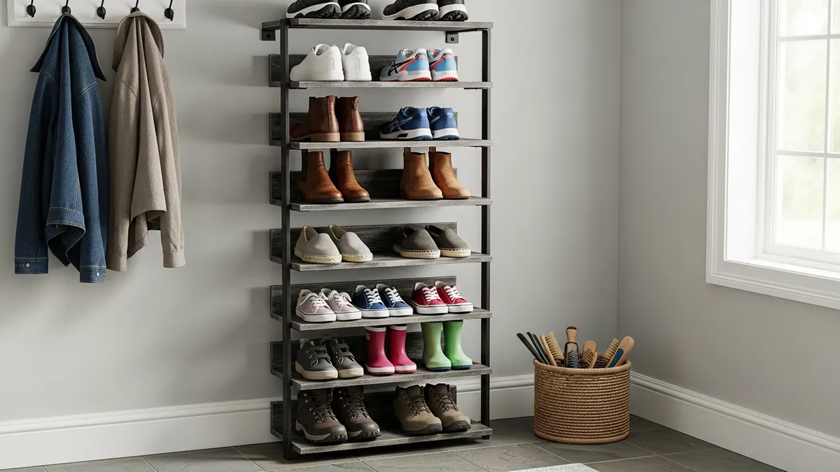 Vertical shoe storage rack maximizing mudroom space with multi-tier organization