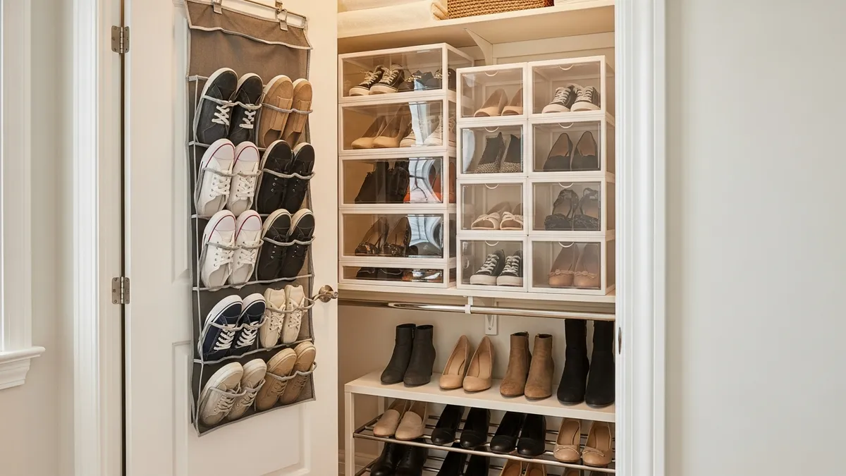Ideas for shoe storage in small closet with over-the-door organizer and stackable clear shoe boxes