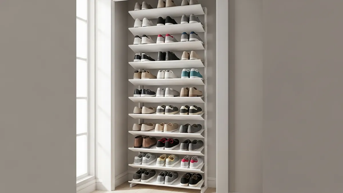 Slim vertical shoe rack maximizing vertical space in small closet