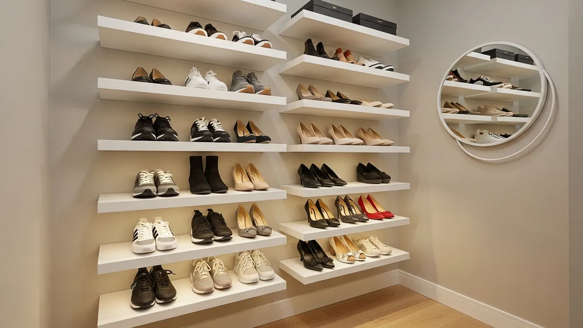Floating wall-mounted shoe shelves inside small closet for space-saving storage