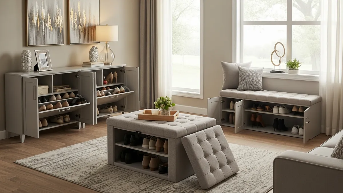 Hidden shoe storage solutions with storage ottoman and concealed shoe compartments