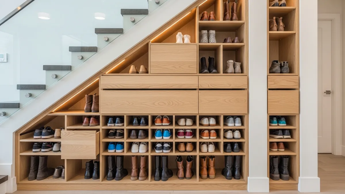 Under stairs shoe storage ideas with built-in shelving and pull-out drawers