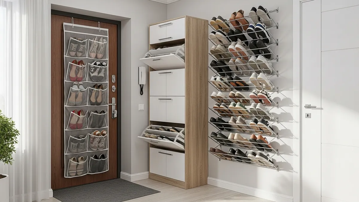 Vertical shoe storage solutions maximizing wall space in small rooms