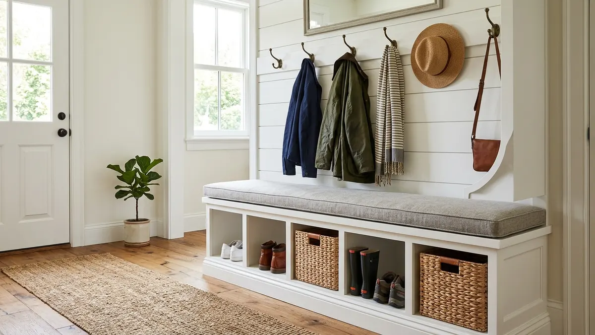 Mudroom storage bench with built-in shoe cubbies below and coat hooks on shiplap wall above