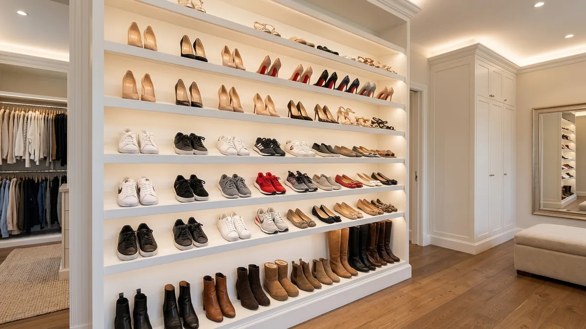 Walk-in closet with angled white wooden shoe display shelves organized by footwear style