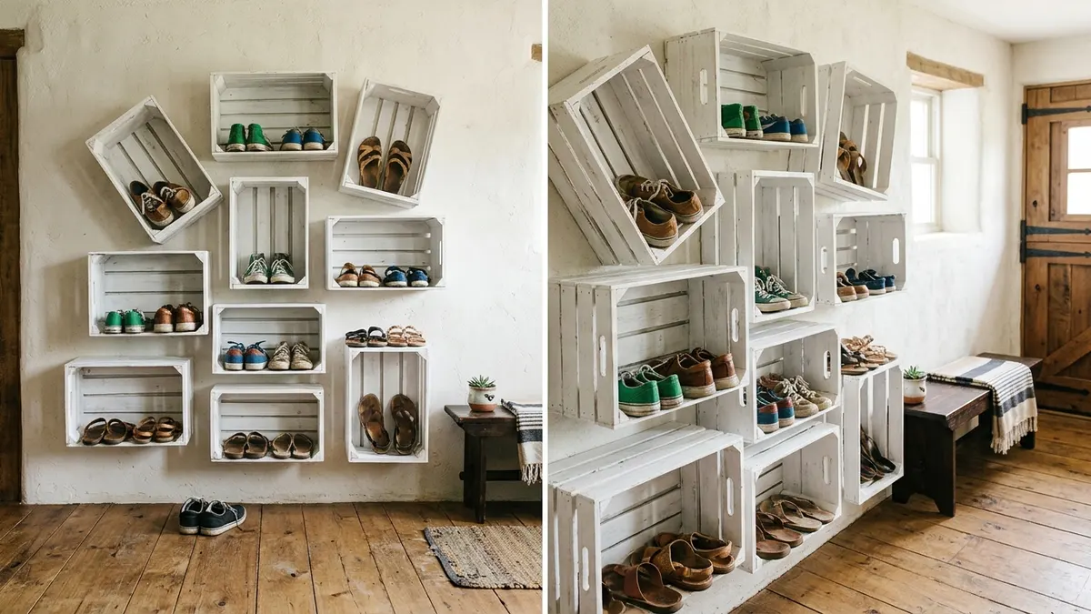 DIY wall-mounted wooden crate shoe storage in a farmhouse-style entryway with sneakers and sandals displayed