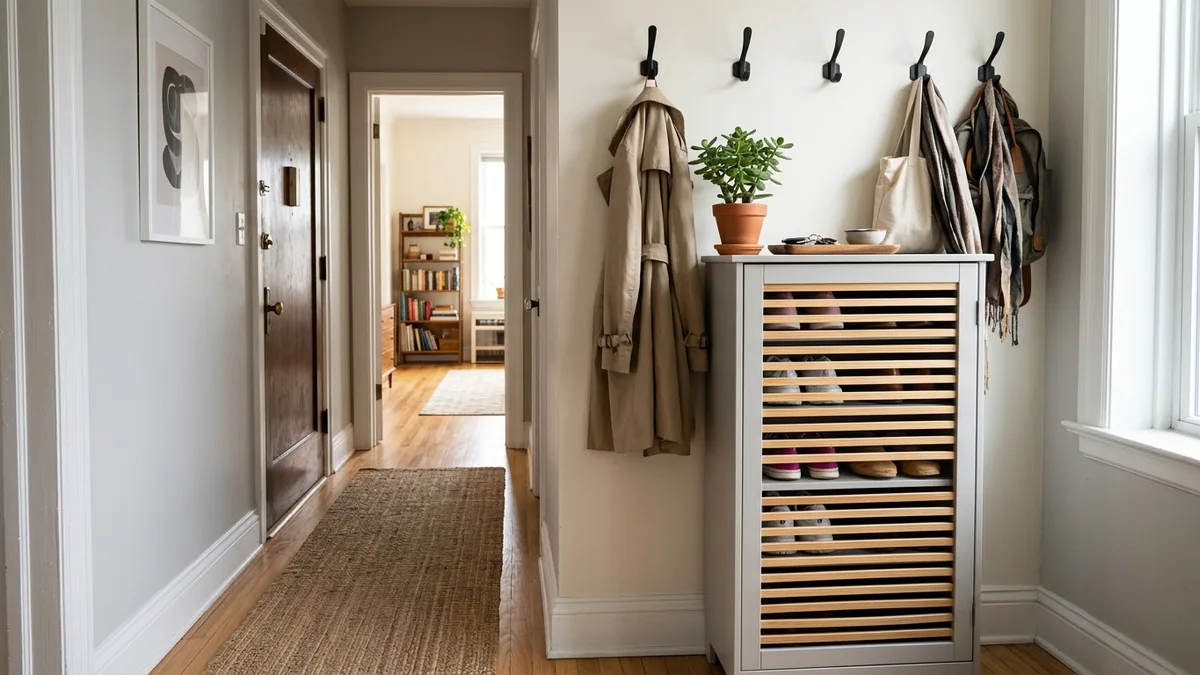 Slim vertical shoe cabinet in a narrow apartment entryway with stacked shoe slots and wall hooks above