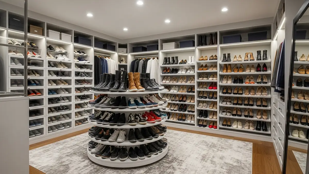 Closet shoe storage organization with rotating carousel and clear storage boxes