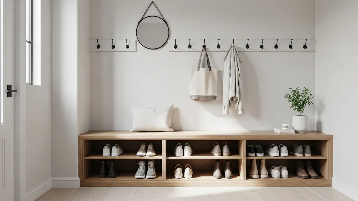 Entryway shoe storage solutions with bench and organized display