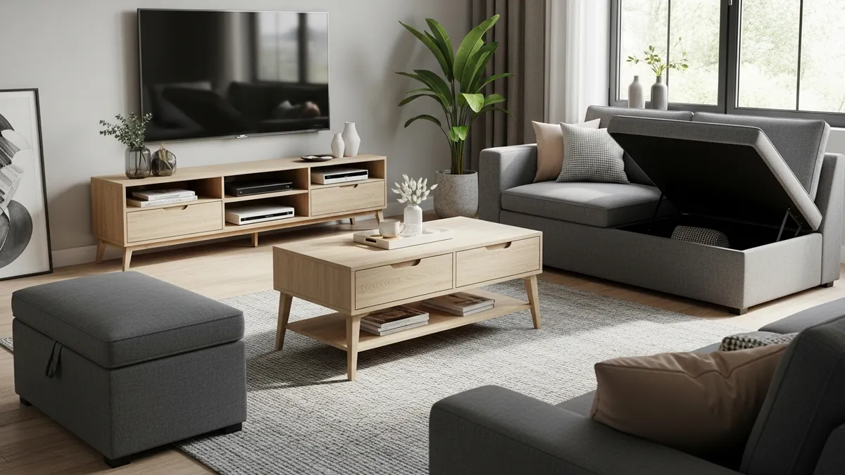 Multifunctional furniture pieces for living room storage solutions