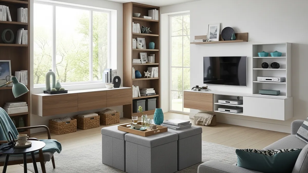 Modern living room showcasing creative storage ideas and organization solutions