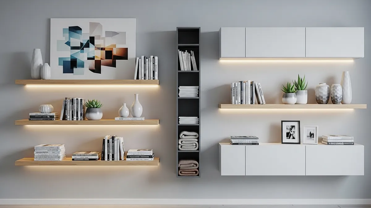 Wall-mounted storage solutions and floating shelves in living room