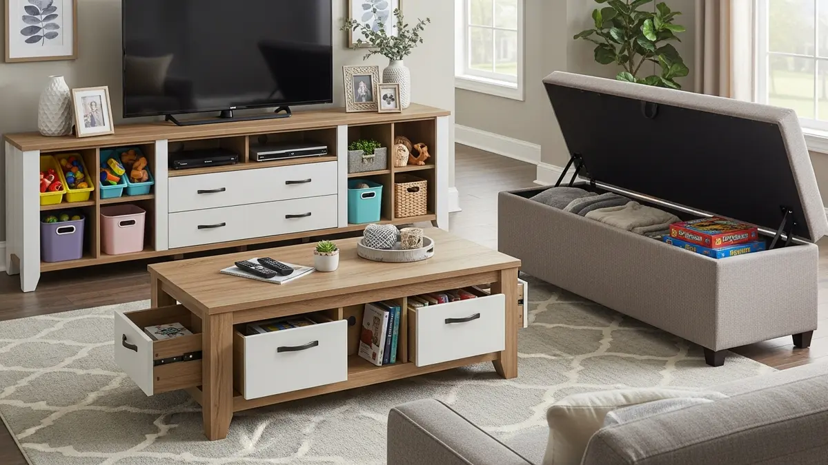 Multi-functional furniture ideas for toy storage in living room