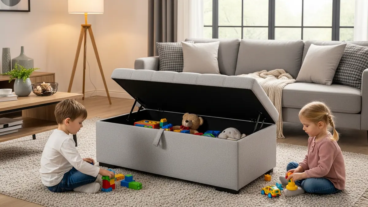 Ottoman storage solution for living room toy organization
