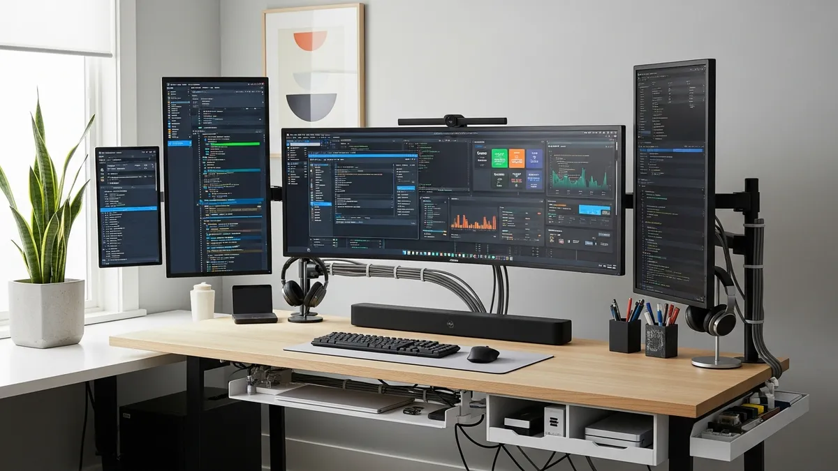 digital home office organization ideas with cable management and tech storage