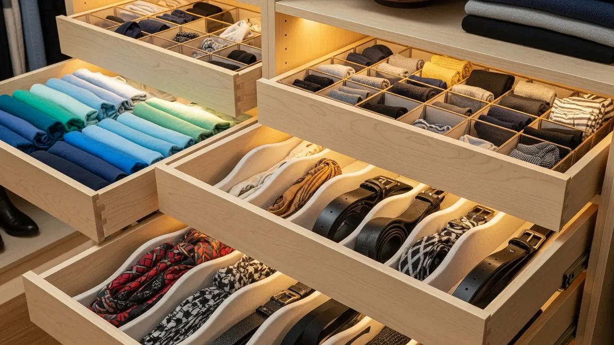 Closet drawer organization with dividers and compartment storage solutions