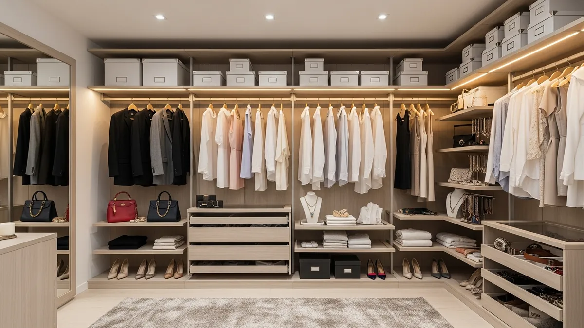 Modern organized closet with smart storage solutions and wardrobe organization ideas