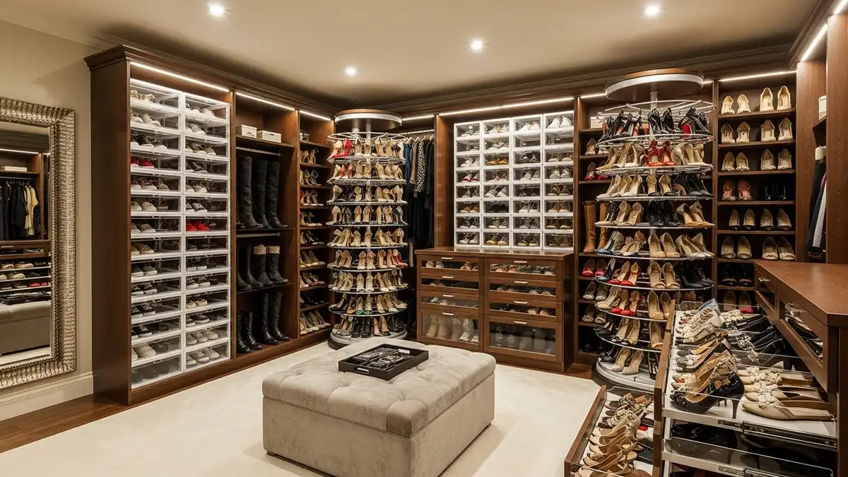 Walk-in closet with comprehensive shoe storage organization system and clear storage containers