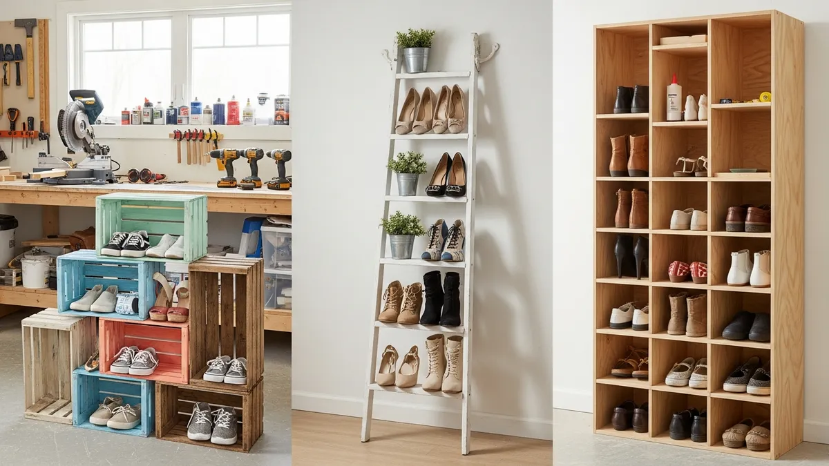 DIY shoe storage projects with repurposed wooden crates and custom-built storage solutions