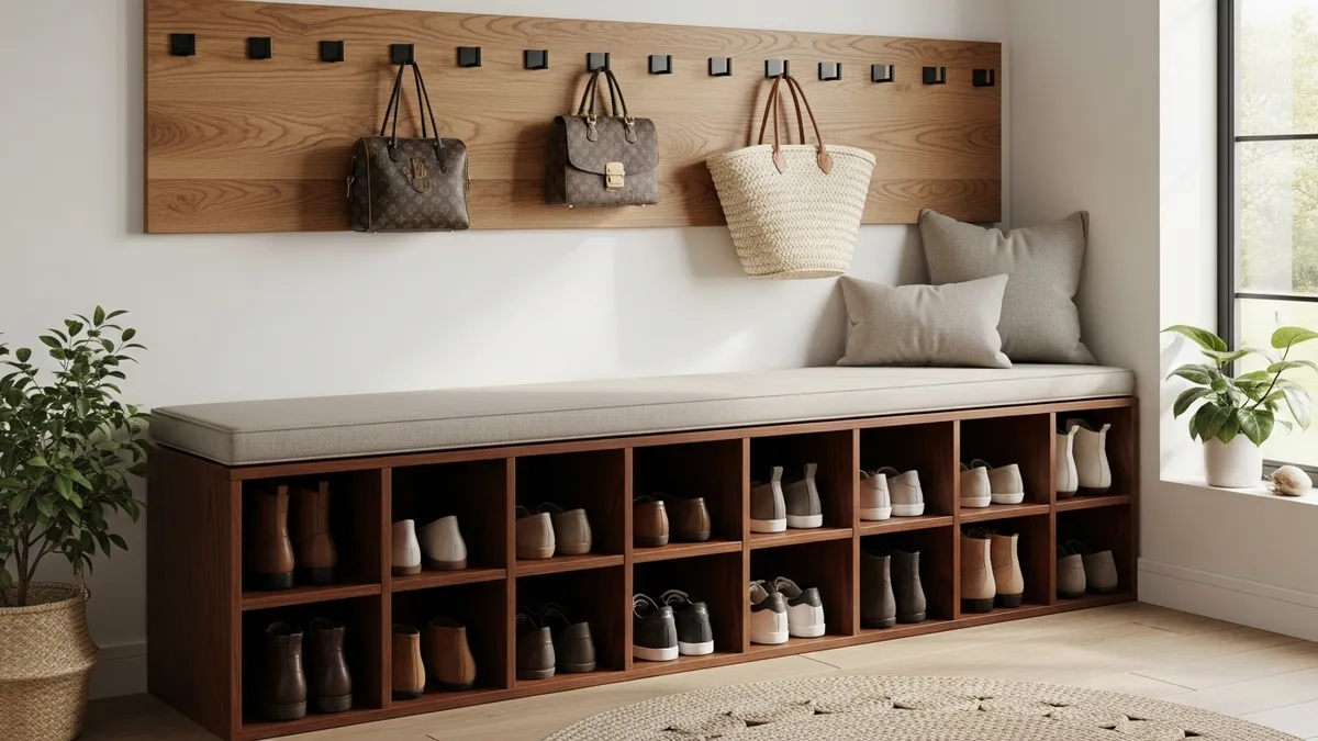 Entryway bench with built-in shoe storage compartments and organized footwear display