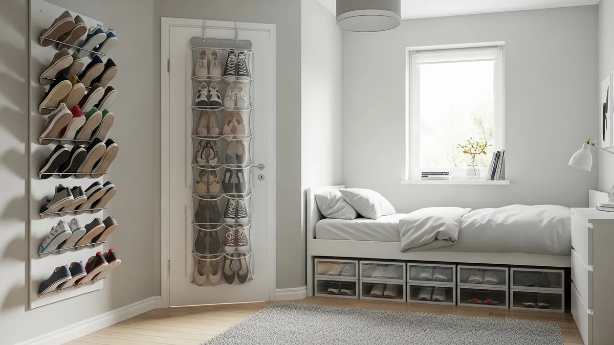 Small space shoe storage solutions with over-door organizers and under-bed storage in compact bedroom