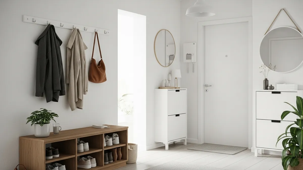 IKEA entryway organization with storage bench, wall hooks, and shoe cabinet creating an organized entrance