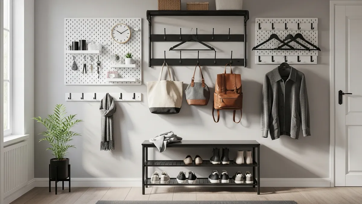 IKEA wall hooks and hanging storage creating organized entryway space