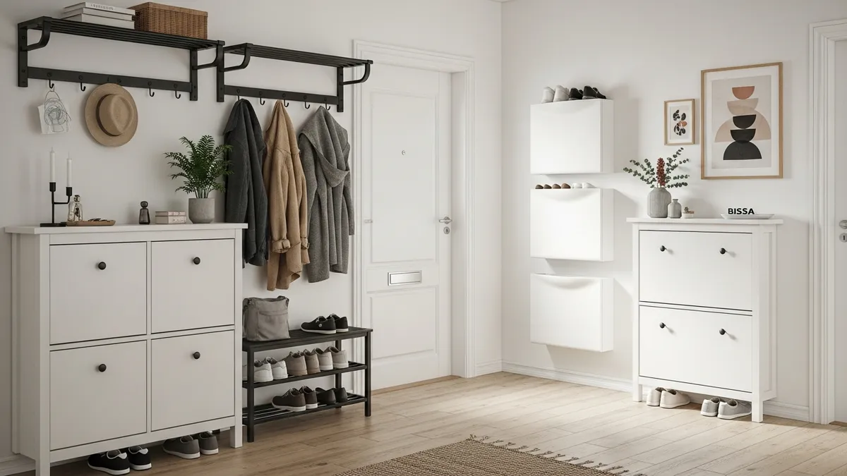 Collection of IKEA entryway storage solutions including shoe cabinets and coat racks
