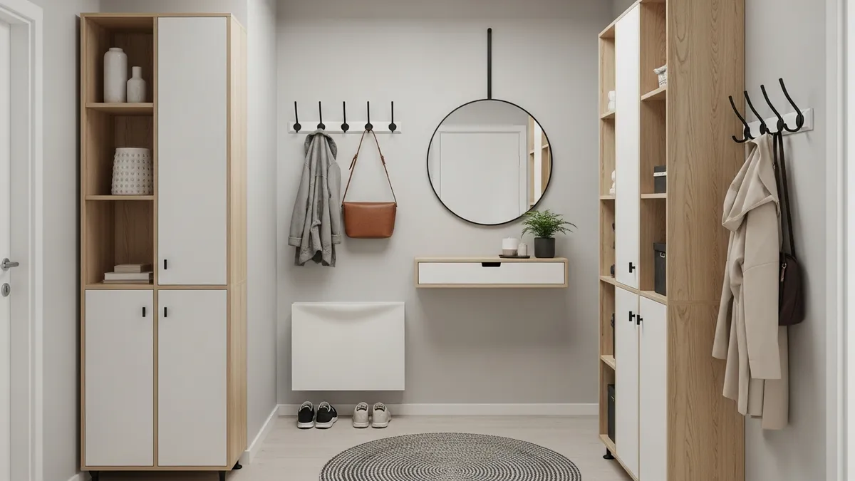 Small entryway transformed with IKEA organization products for maximum storage efficiency