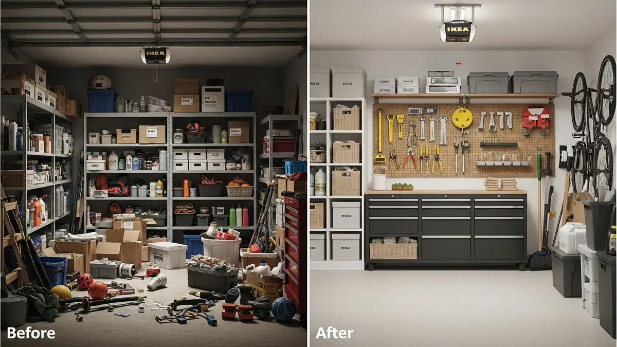 Garage transformation using IKEA storage solutions before and after