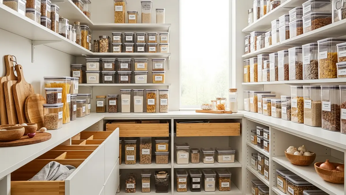 IKEA pantry organization ideas featuring white shelving systems with clear storage containers and wooden accents