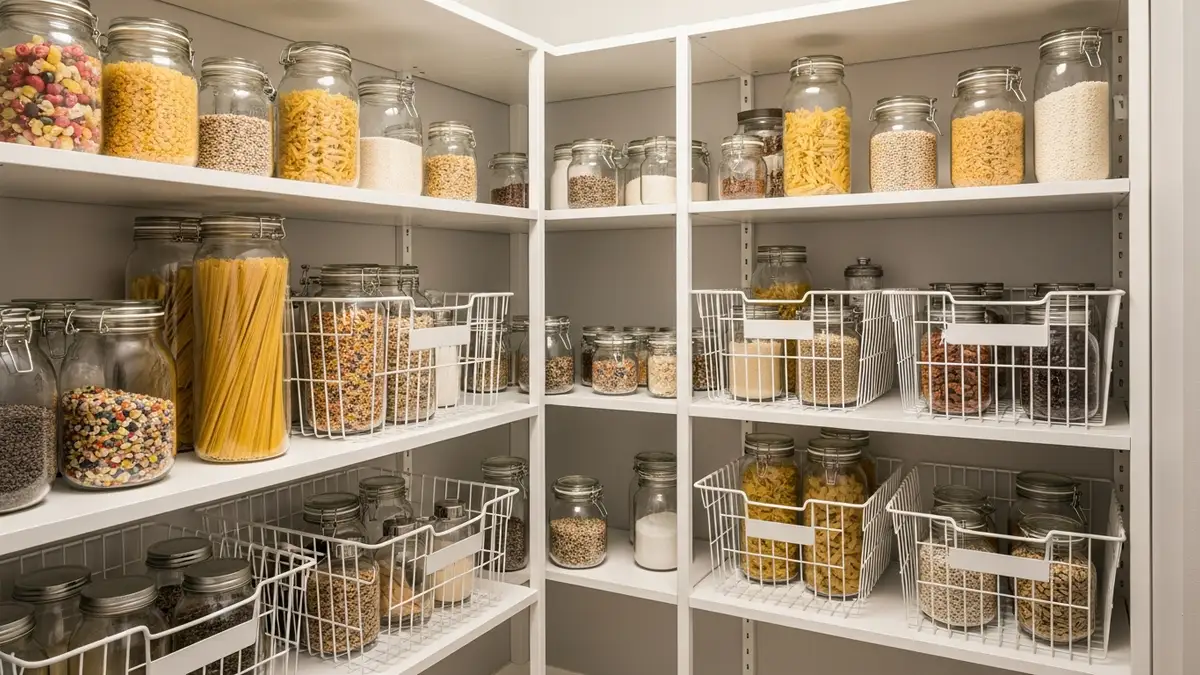 IKEA ALGOT pantry shelving system with wire baskets and glass storage jars for dry goods organization
