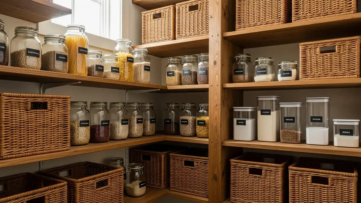 IKEA IVAR wooden pantry shelves with organized baskets and labeled storage containers