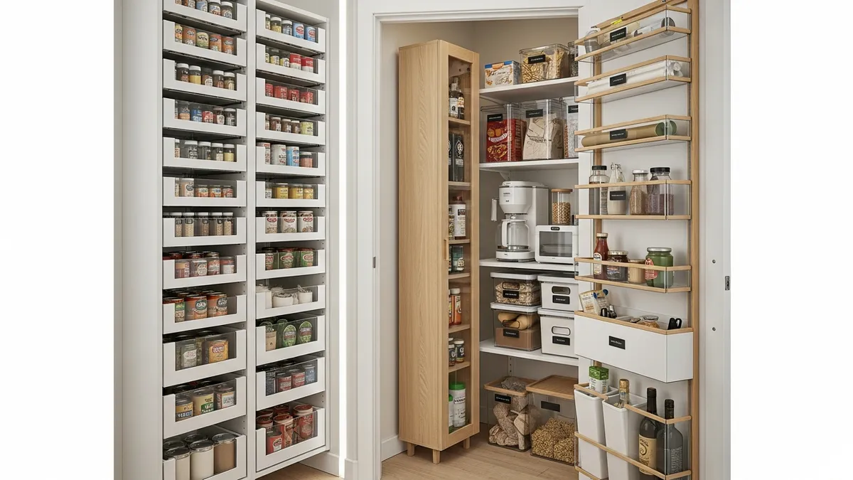 Small pantry organization using IKEA pull-out drawers and door storage solutions for maximum space efficiency