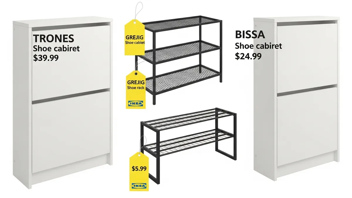 Budget-friendly IKEA shoe storage products displaying affordable organization solutions