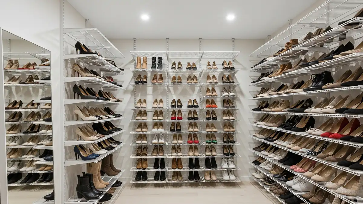 IKEA closet shoe storage organization with white shelving system and neatly arranged shoes