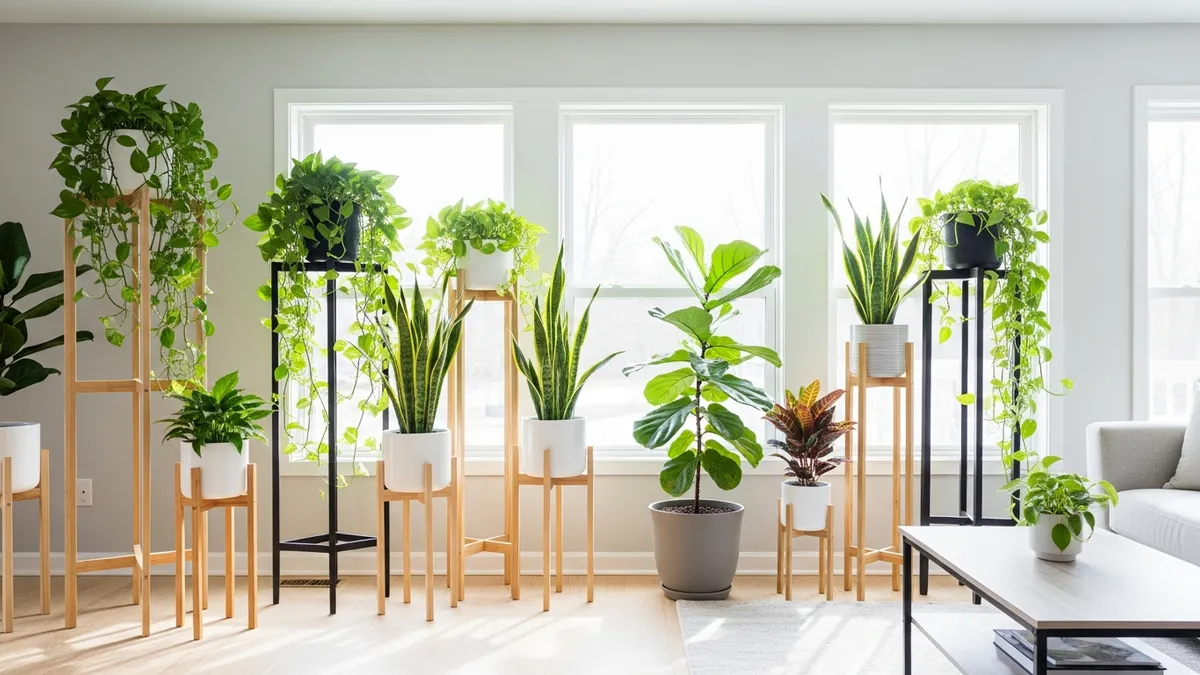 Collection of indoor plant stand ideas with various heights and materials displaying green houseplants in a modern living room