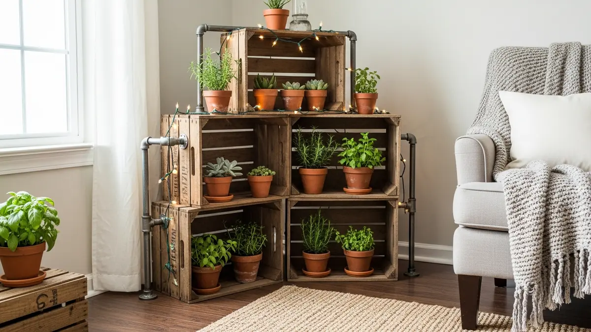 DIY indoor plant stand ideas using reclaimed wood and metal pipes in a rustic farmhouse home