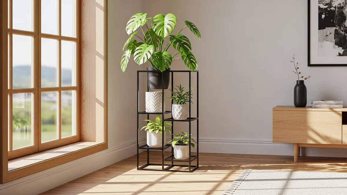 Modern black metal geometric indoor plant stand holding monstera plant near a sunny window