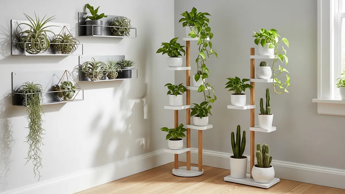 Small space indoor plant stand ideas with wall-mounted and vertical floor stands in a compact apartment
