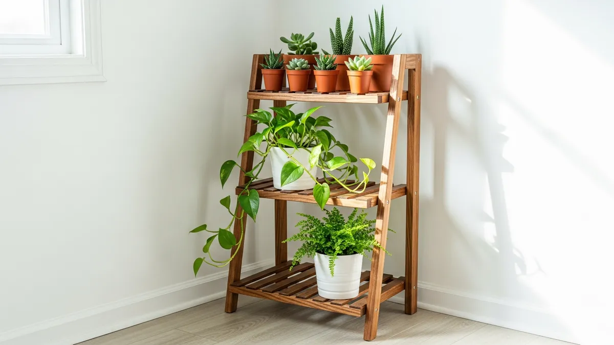 Three-tiered wooden indoor plant stand displaying succulents and trailing houseplants in a home corner