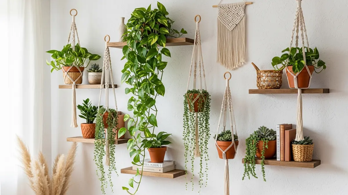 Boho-style indoor plant wall shelf with macrame hangers, rattan baskets, and trailing pothos plants