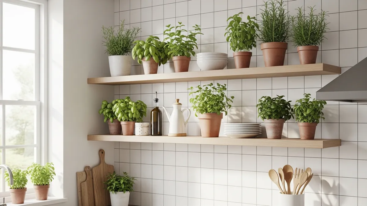 Kitchen indoor plant wall shelf with fresh herb plants including basil, mint, and rosemary in terracotta pots